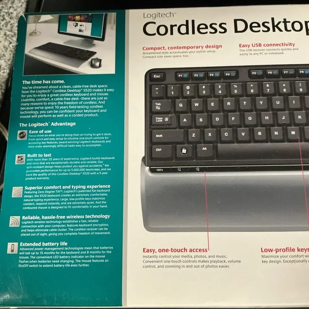 LOGITECH Cordless Desktop S520 Keyboard LX5 Laser Mouse Compact USB RF Receiver